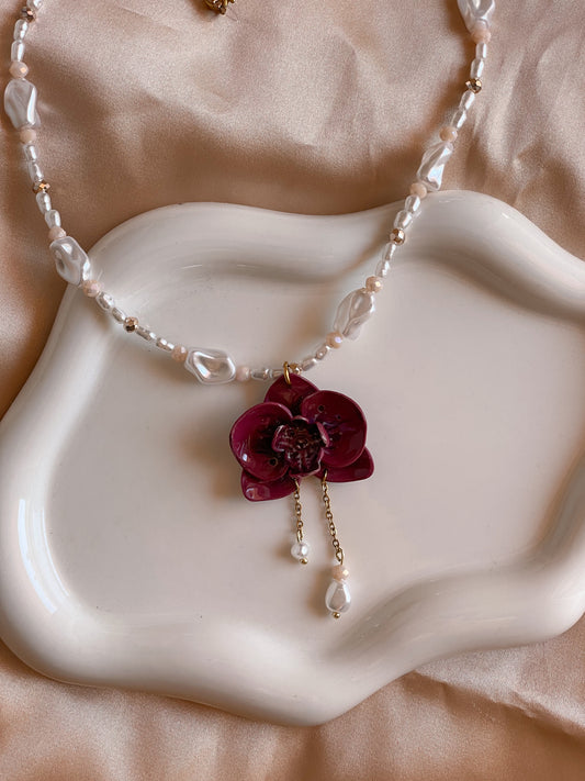 ORCHIDEA | Χειροποίητο κολιέ με στοιχεία από πολυμερικό πηλό | Bordeaux
