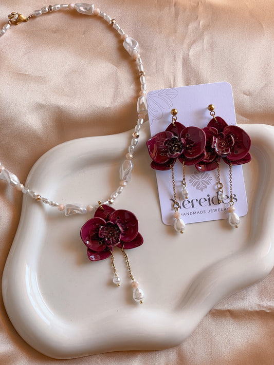 ORCHIDEA | Σετ χειροποίητα σκουλαρίκια και κολιέ από πολυμερικό πηλό | Bordeaux