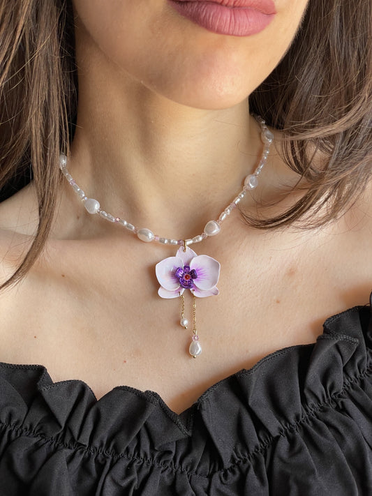 ORCHIDEA | Χειροποίητο κολιέ με στοιχεία από πολυμερικό πηλό | White/Purple