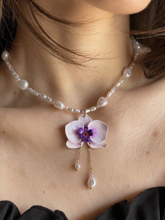 ORCHIDEA | Χειροποίητο κολιέ με στοιχεία από πολυμερικό πηλό | White/Purple