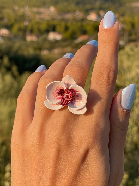 ORCHIDEA | Χειροποίητο ρυθμιζόμενο δαχτυλίδι από πολυμερικό πηλό | White/Red